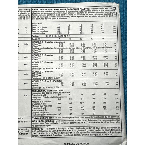 McCalls 7324 pattern Kids pullover quarter zip pants hoodie size 10 12 14 - Picture 5 of 5